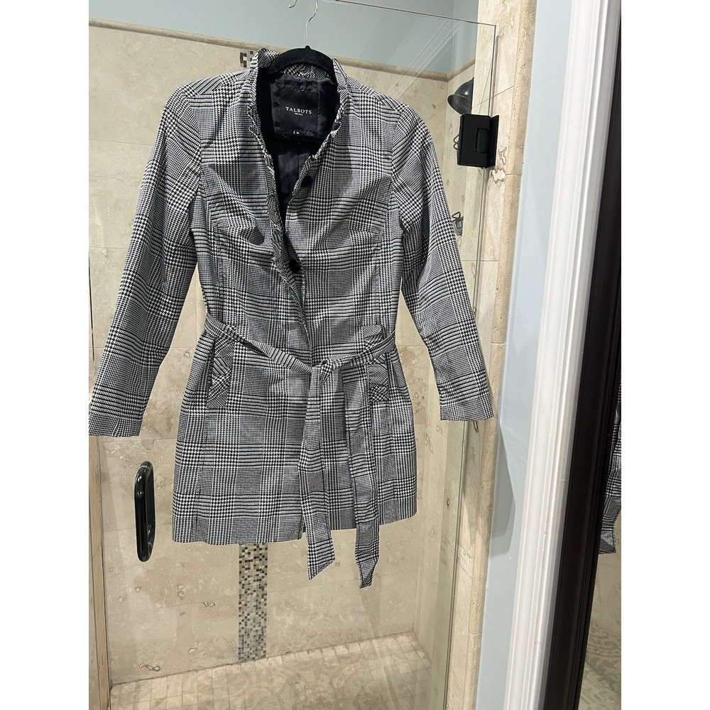 Talbots Houndstooth Jacket w Belt Size 2p Xsp Raincoat Trench Black White New